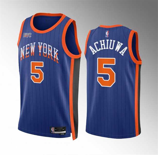 Mens New Yok Knicks #5 Precious Achiuwa Blue 2023-24 City Edition Stitched Basketball Jersey Dzhi